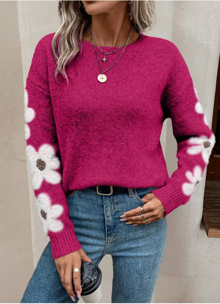 Thamar | Pull élégant oversize bleu en maille à imprimé floral et col rond pour femme