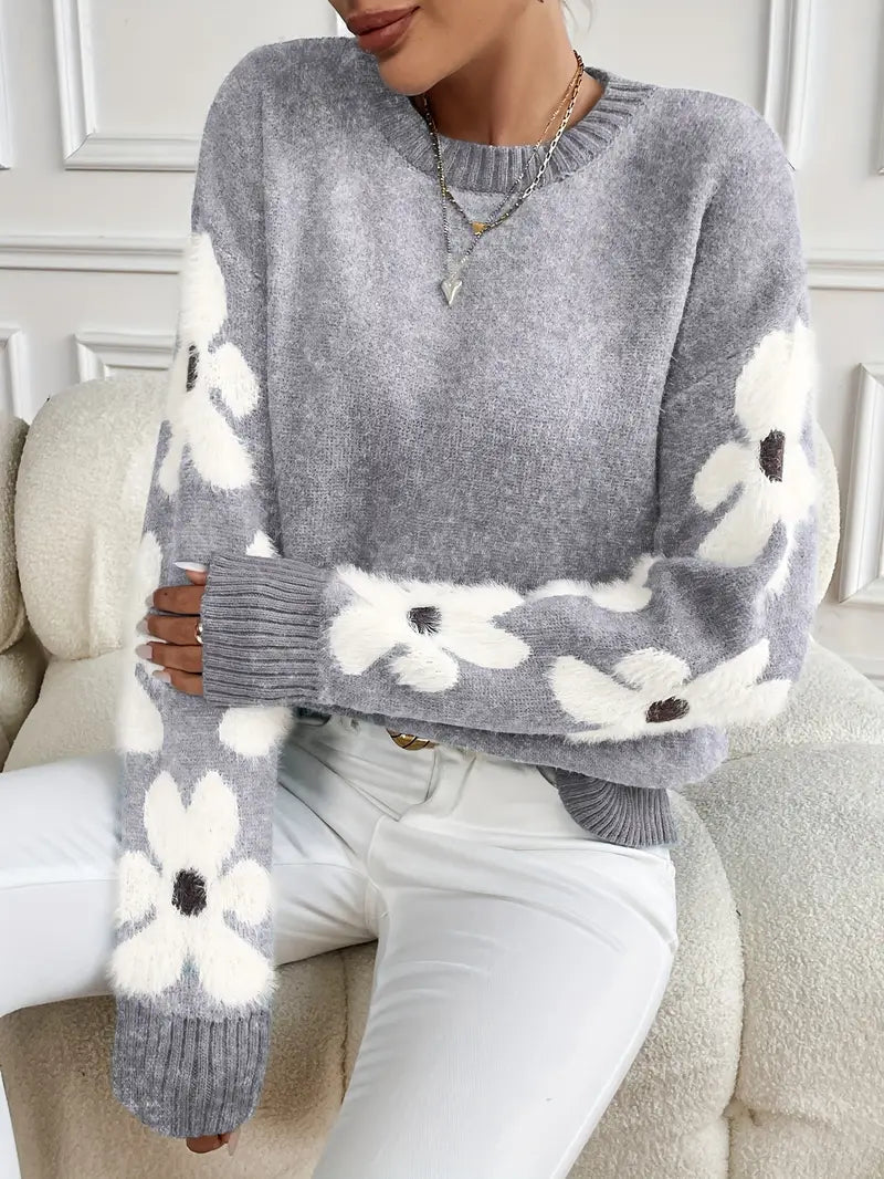 Thamar | Pull élégant oversize bleu en maille à imprimé floral et col rond pour femme