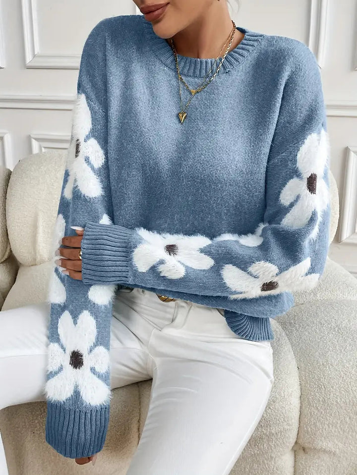 Thamar | Pull élégant oversize bleu en maille à imprimé floral et col rond pour femme