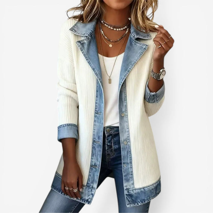 Odile | Veste chic en maille côtelée à finitions en jean pour femme
