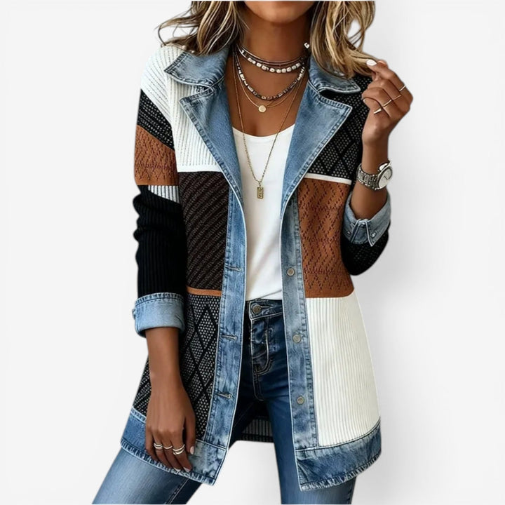 Odile | Veste chic en maille côtelée à finitions en jean pour femme