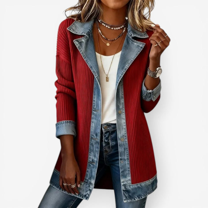 Odile | Veste chic en maille côtelée à finitions en jean pour femme