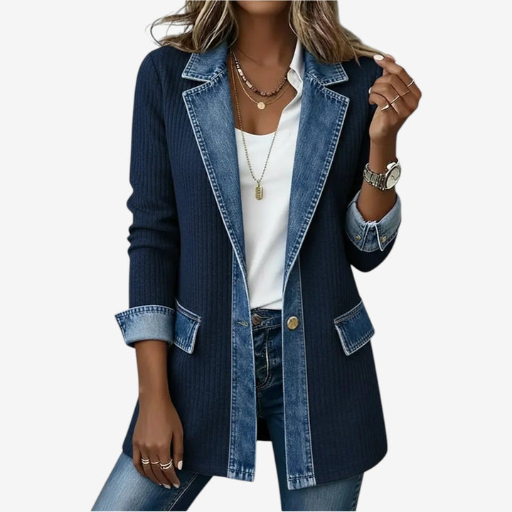Odile | Veste chic en maille côtelée à finitions en jean pour femme