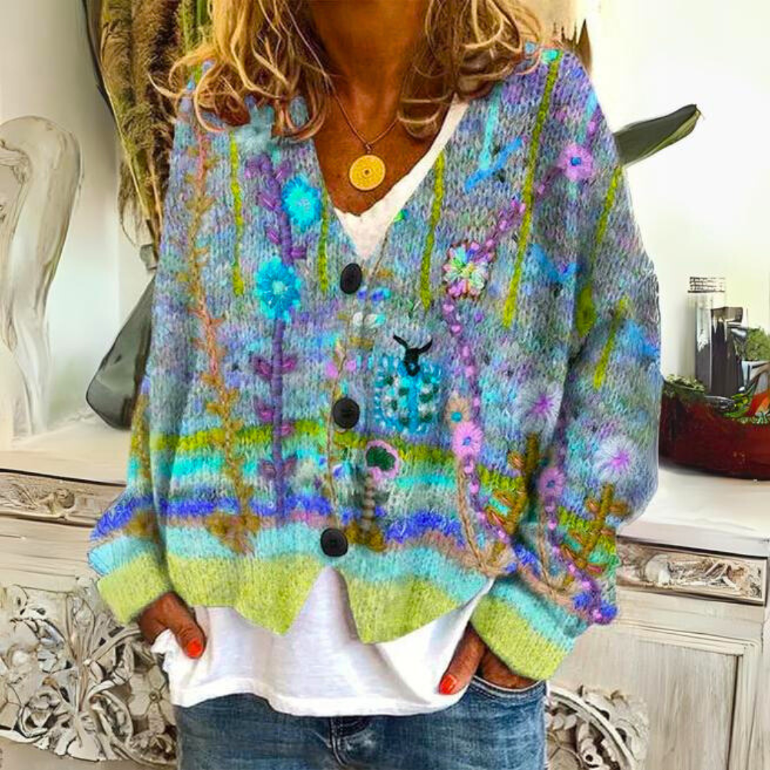 Marianne | Cardigan élégant en maille brodée de fleurs à col V et boutons pour femme