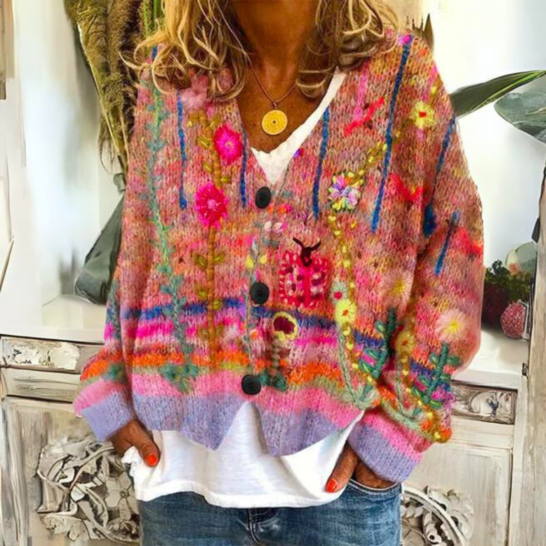 Marianne | Cardigan élégant en maille brodée de fleurs à col V et boutons pour femme
