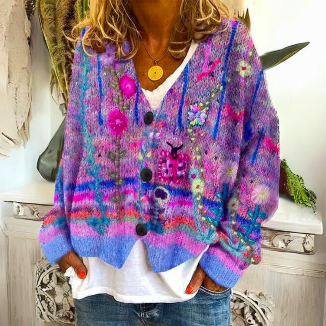Marianne | Cardigan élégant en maille brodée de fleurs à col V et boutons pour femme