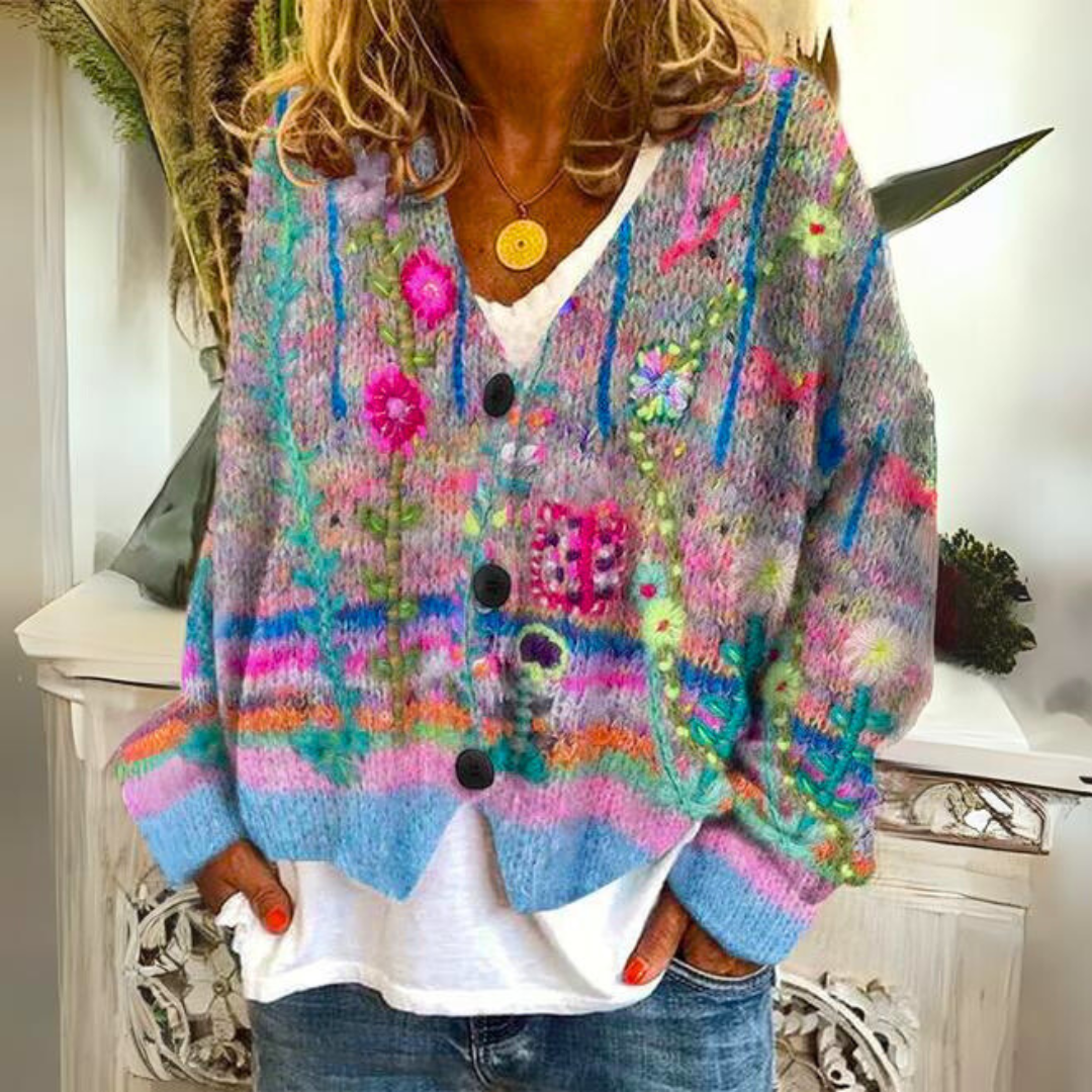 Marianne | Cardigan élégant en maille brodée de fleurs à col V et boutons pour femme