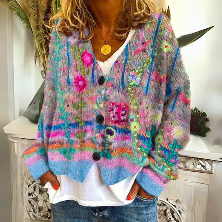 Marianne | Cardigan élégant en maille brodée de fleurs à col V et boutons pour femme