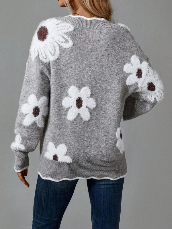 Sylvie | Pull élégant col V côtelé à motif marguerites pour femme