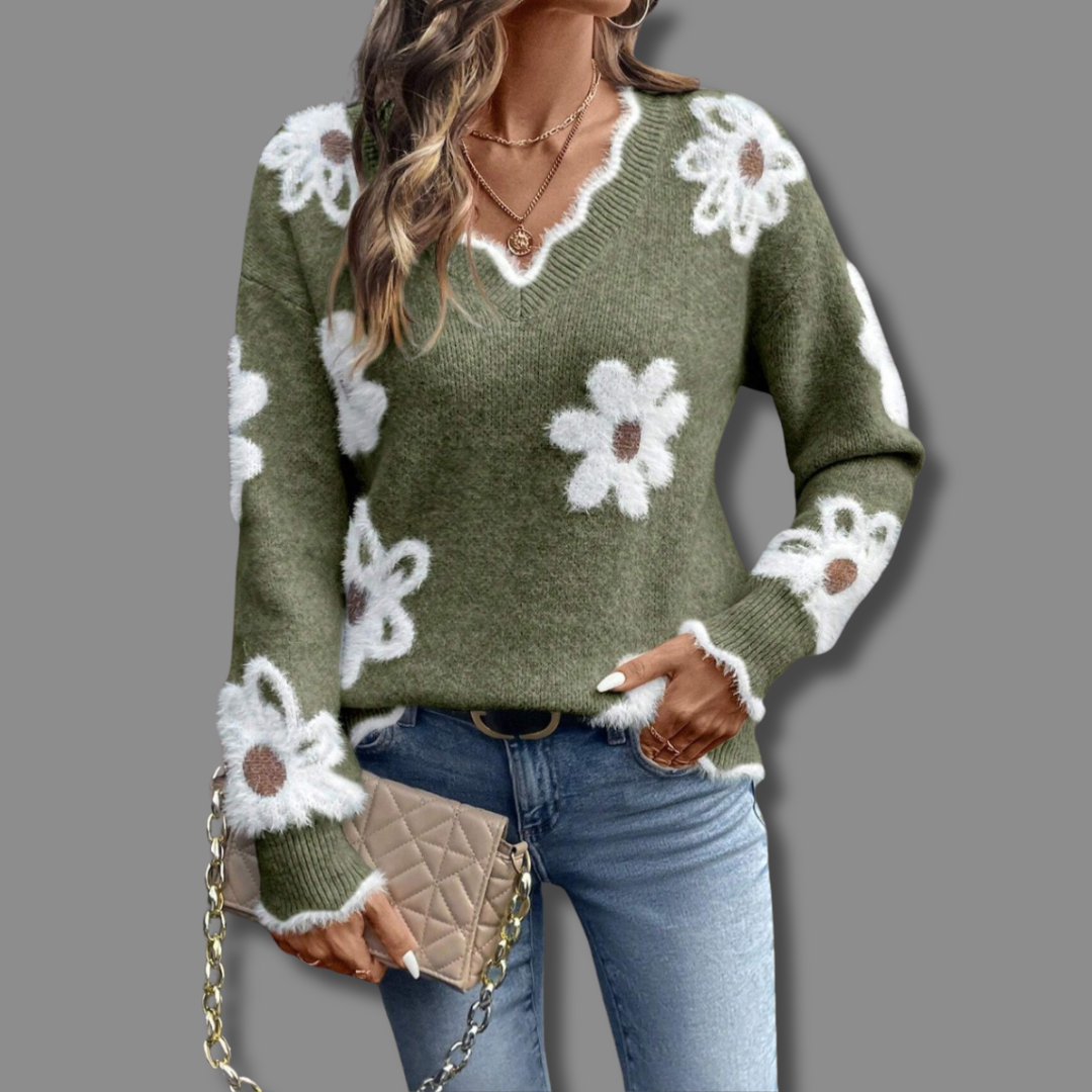 Sylvie | Pull élégant col V côtelé à motif marguerites pour femme
