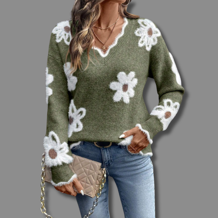 Sylvie | Pull élégant col V côtelé à motif marguerites pour femme