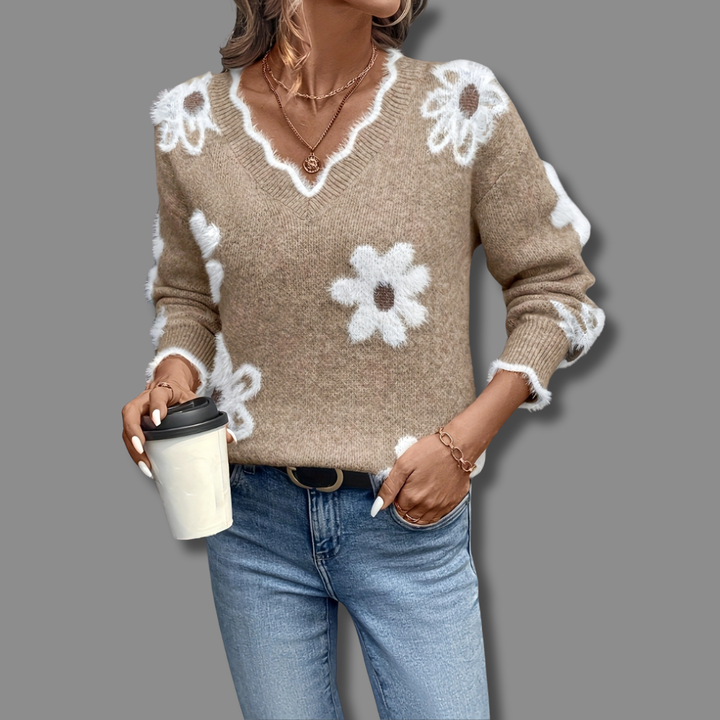 Sylvie | Pull élégant col V côtelé à motif marguerites pour femme