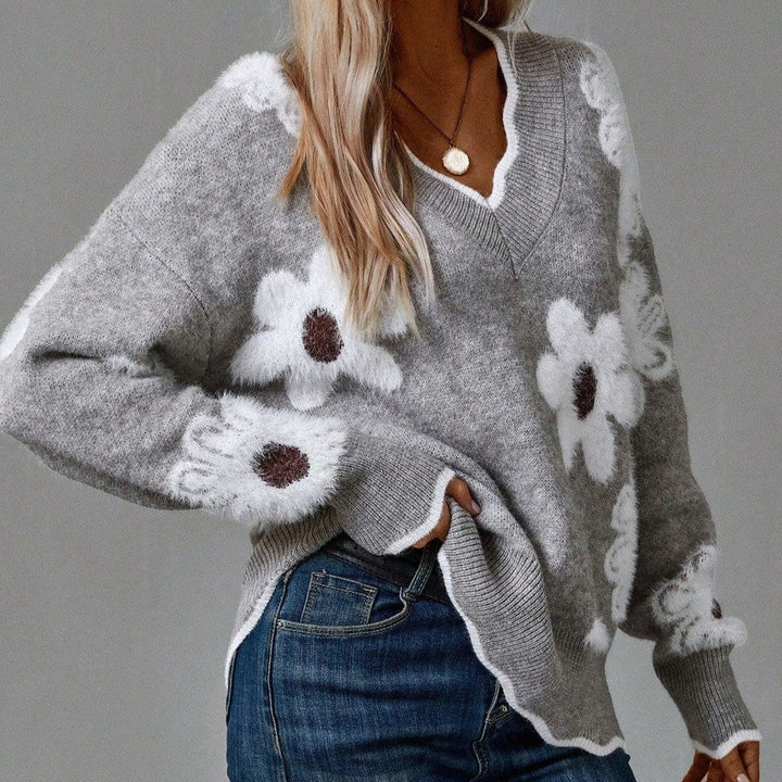 Sylvie | Pull élégant col V côtelé à motif marguerites pour femme