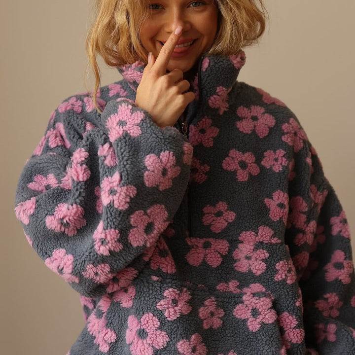 Ondine | Veste élégante oversize en polaire teddy zippée à imprimé floral pour femme