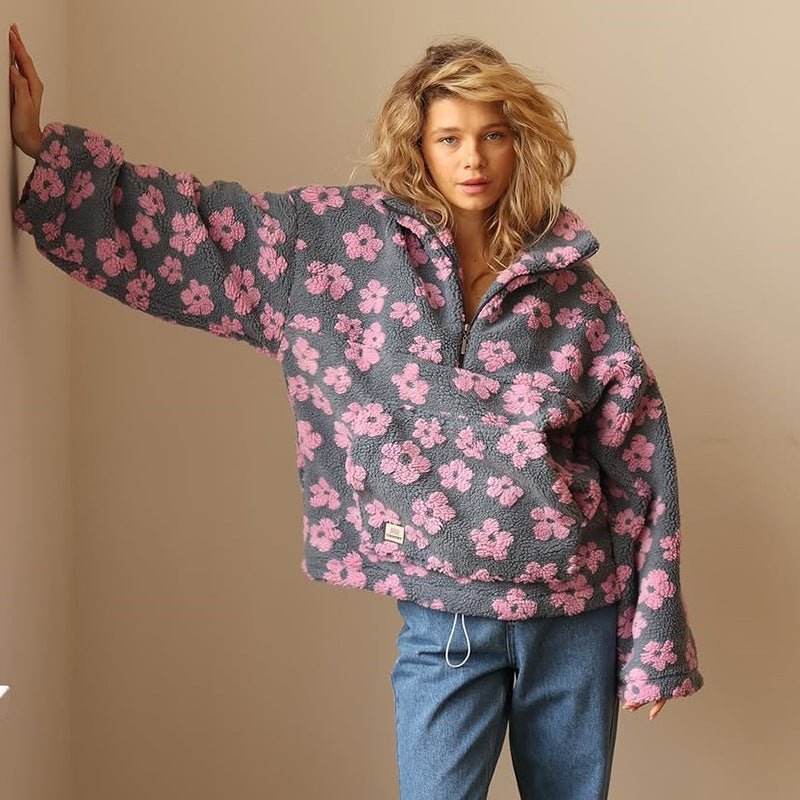 Ondine | Veste élégante oversize en polaire teddy zippée à imprimé floral pour femme