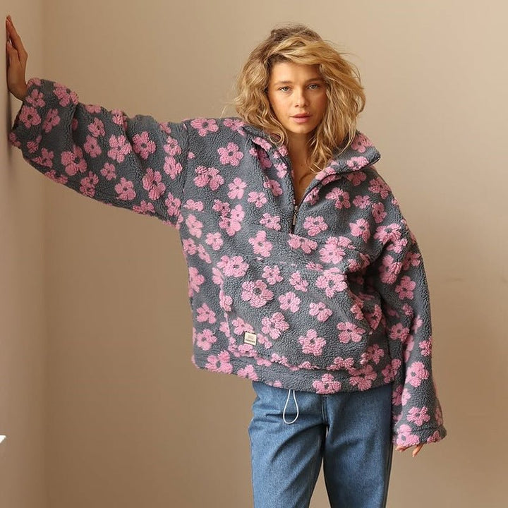 Ondine | Veste élégante oversize en polaire teddy zippée à imprimé floral pour femme