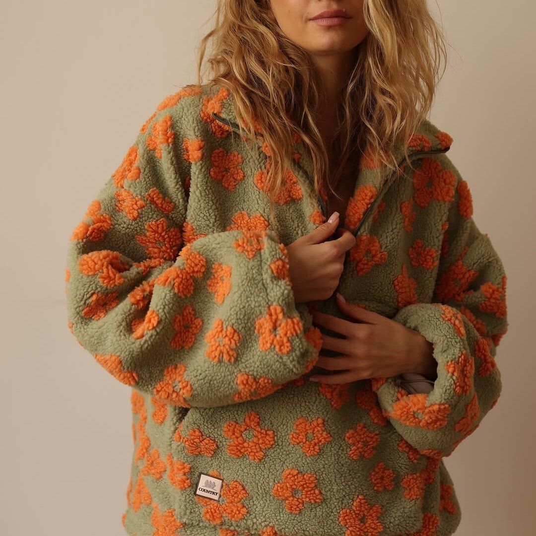 Ondine | Veste élégante oversize en polaire teddy zippée à imprimé floral pour femme