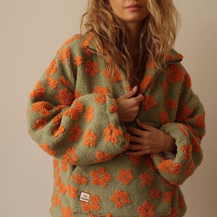 Ondine | Veste élégante oversize en polaire teddy zippée à imprimé floral pour femme