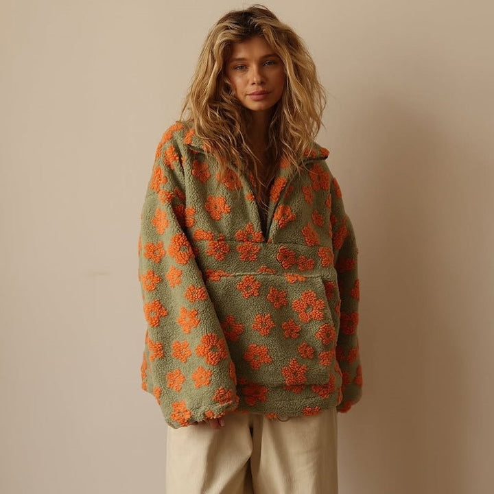 Ondine | Veste élégante oversize en polaire teddy zippée à imprimé floral pour femme