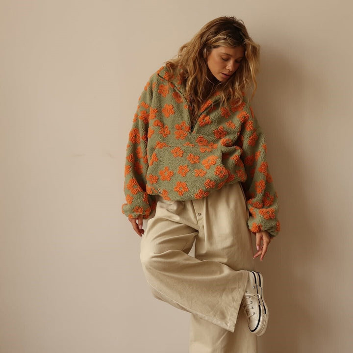 Ondine | Veste élégante oversize en polaire teddy zippée à imprimé floral pour femme
