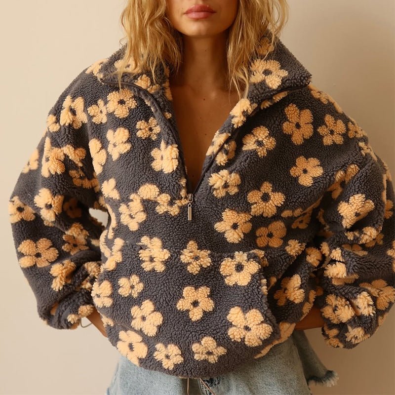 Ondine | Veste élégante oversize en polaire teddy zippée à imprimé floral pour femme
