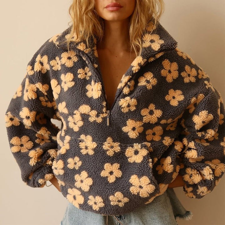 Ondine | Veste élégante oversize en polaire teddy zippée à imprimé floral pour femme