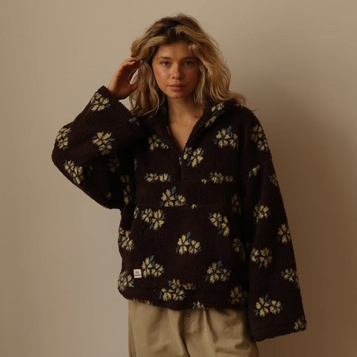 Ondine | Veste élégante oversize en polaire teddy zippée à imprimé floral pour femme