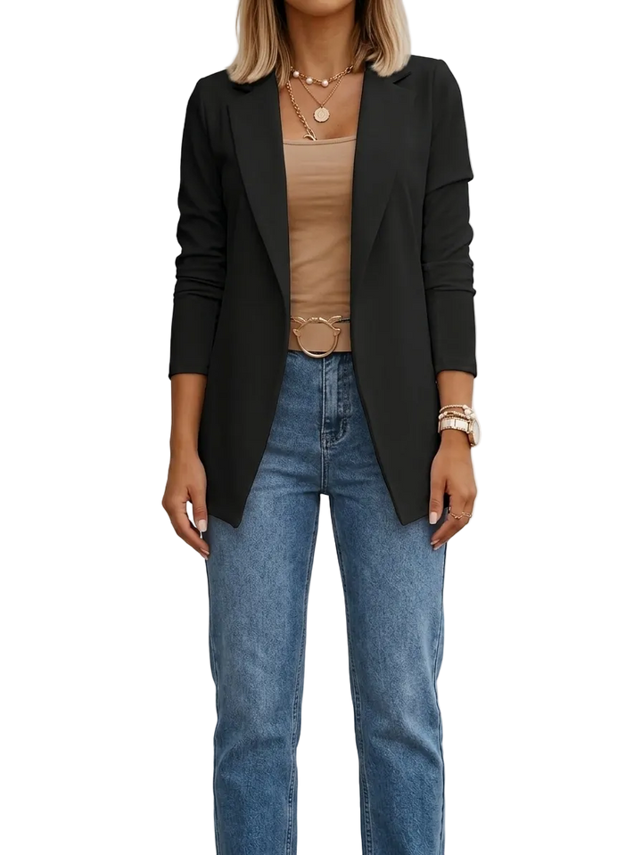Mélanie | Blazer long élégant jaune à revers pour femme