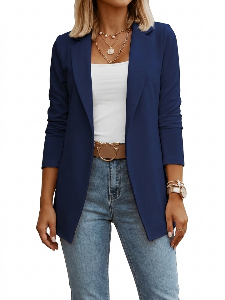 Mélanie | Blazer long élégant jaune à revers pour femme