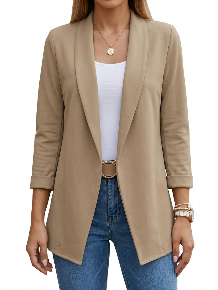 Mélanie | Blazer long élégant jaune à revers pour femme