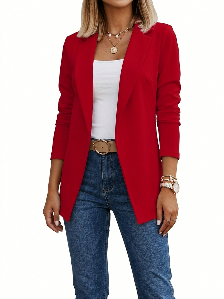 Mélanie | Blazer long élégant jaune à revers pour femme