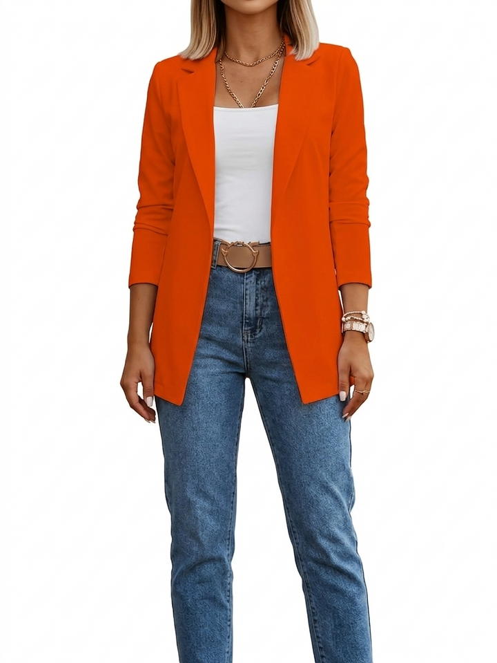 Mélanie | Blazer long élégant jaune à revers pour femme