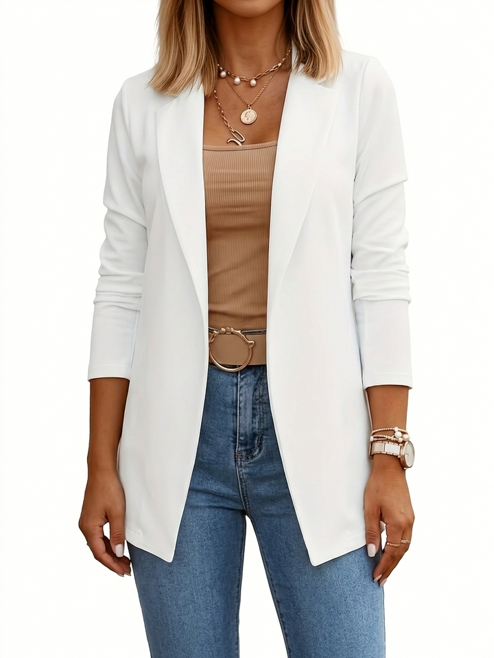 Mélanie | Blazer long élégant jaune à revers pour femme