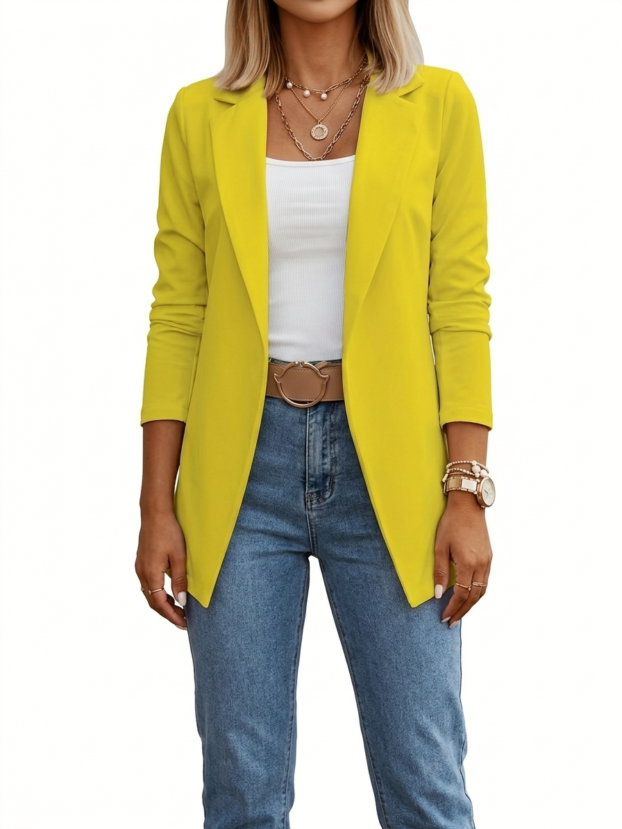 Mélanie | Blazer long élégant jaune à revers pour femme