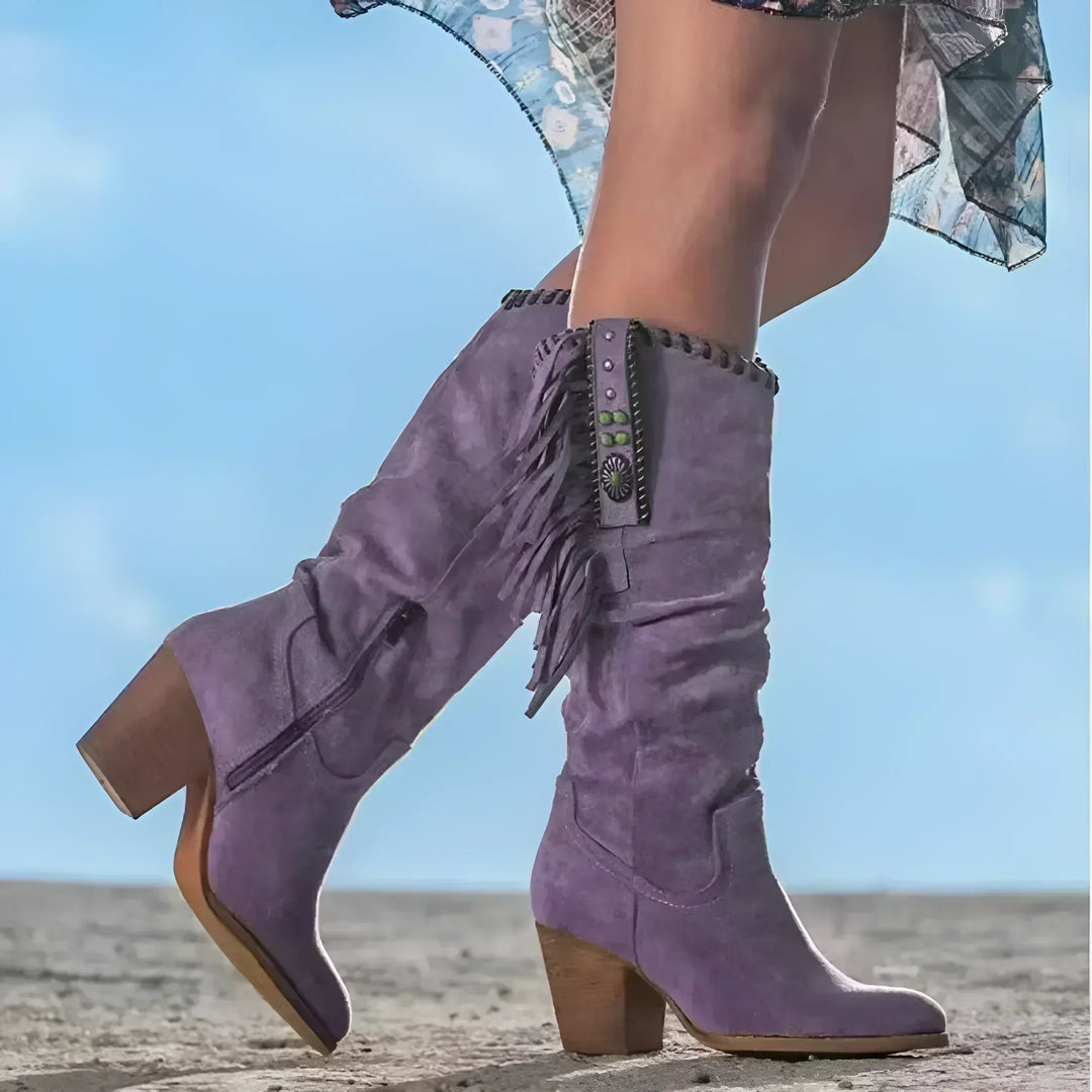 Bottes chic western en daim à franges et talon épais pour femme