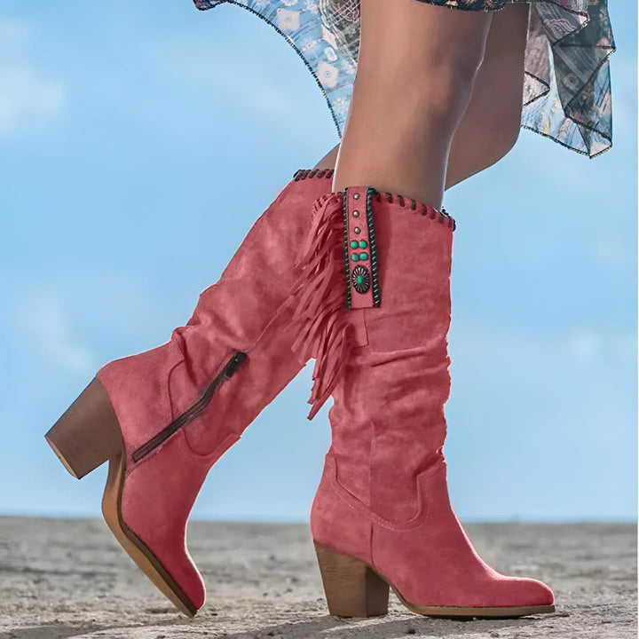 Bottes chic western en daim à franges et talon épais pour femme