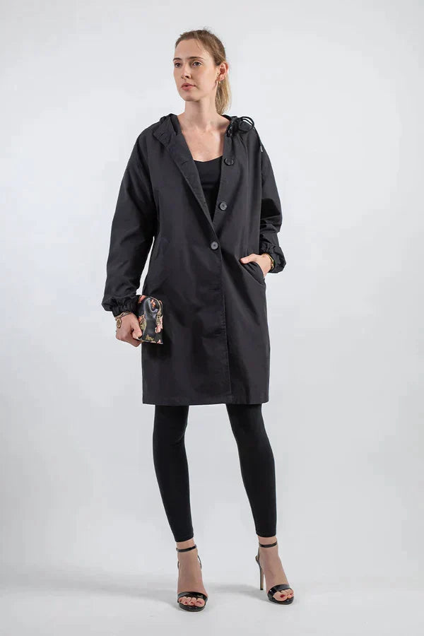 Danièle | Imperméable chic long à capuche pour femme