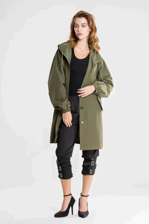 Danièle | Imperméable chic long à capuche pour femme