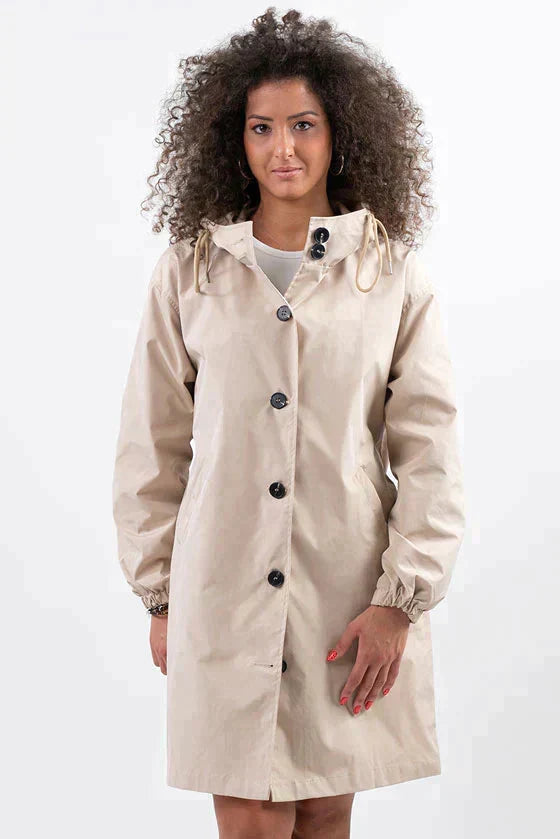 Danièle | Imperméable chic long à capuche pour femme