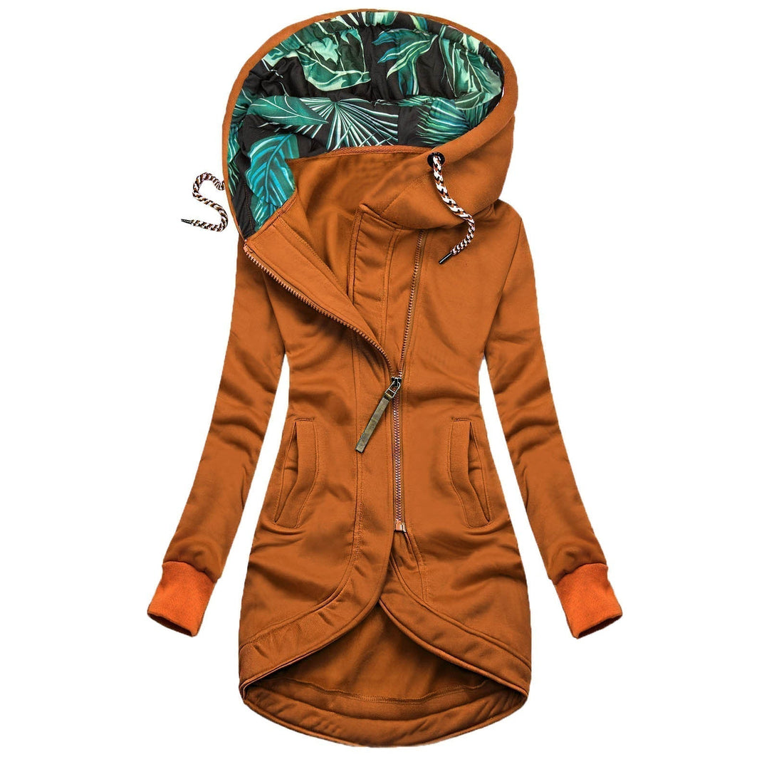 Océanie | Veste élégante longue à capuche et fermeture zippée asymétrique pour femme