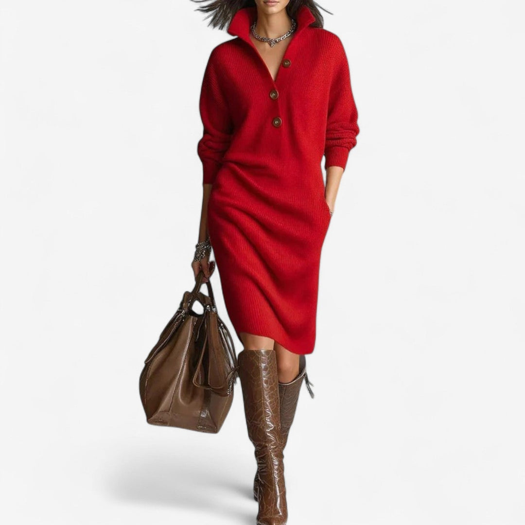 Ava | Robe pull élégante longue en maille côtelée à col boutonné pour femme