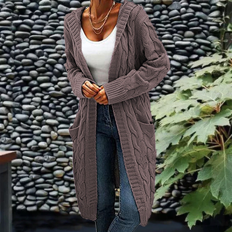 Chloé | Gilet long chic en maille torsadée à capuche pour femme