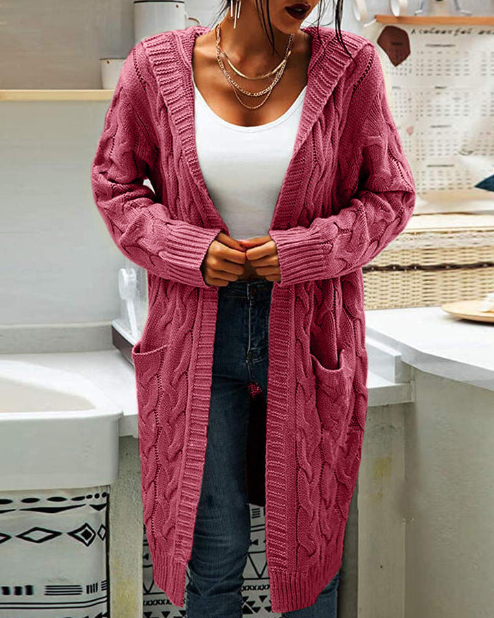 Chloé | Gilet long chic en maille torsadée à capuche pour femme