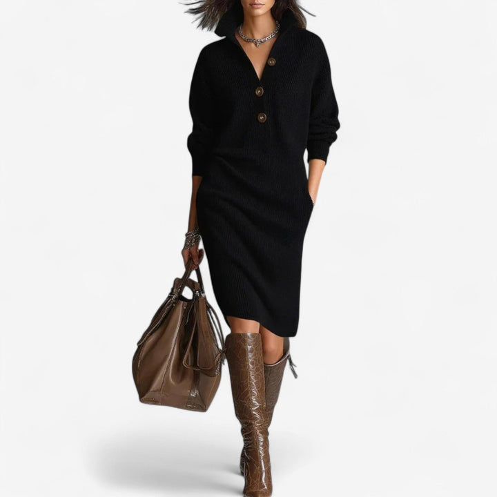 Ava | Robe pull élégante longue en maille côtelée à col boutonné pour femme