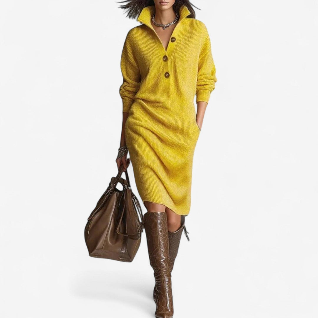 Ava | Robe pull élégante longue en maille côtelée à col boutonné pour femme