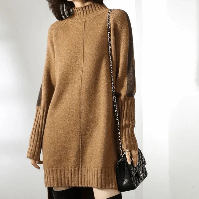 Gertrude | Robe pull élégante longue oversize en maille côtelée à col roulé pour femme