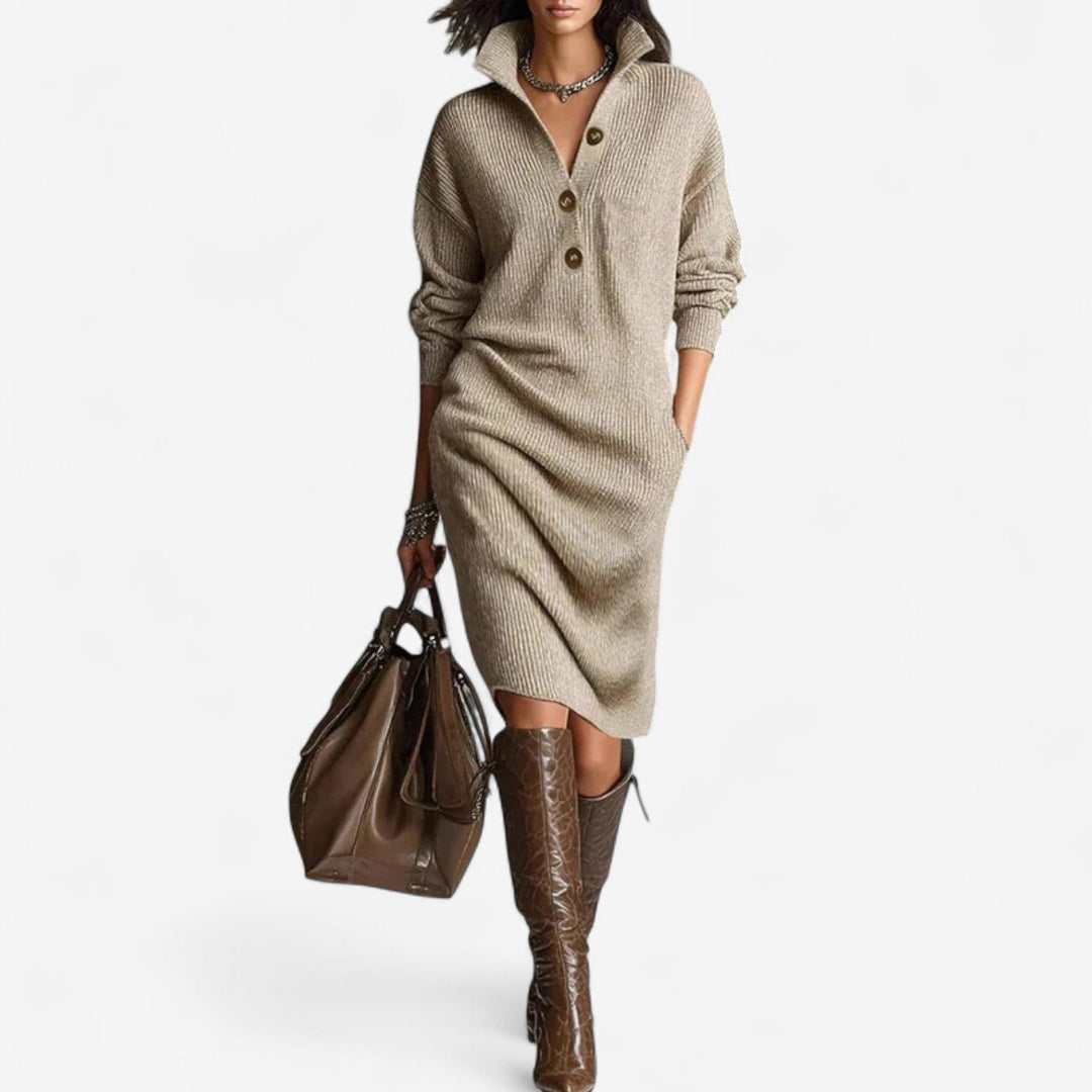 Ava | Robe pull élégante longue en maille côtelée à col boutonné pour femme
