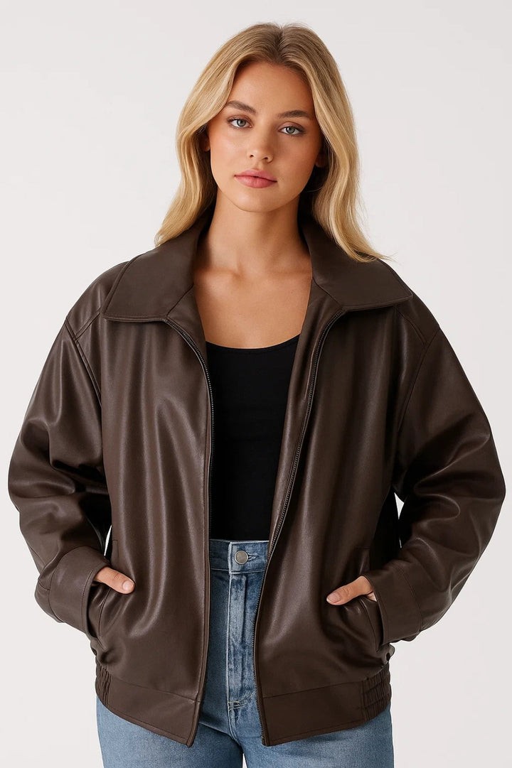 Apollonia | Blouson chic bomber oversize zippé en simili cuir pour femme