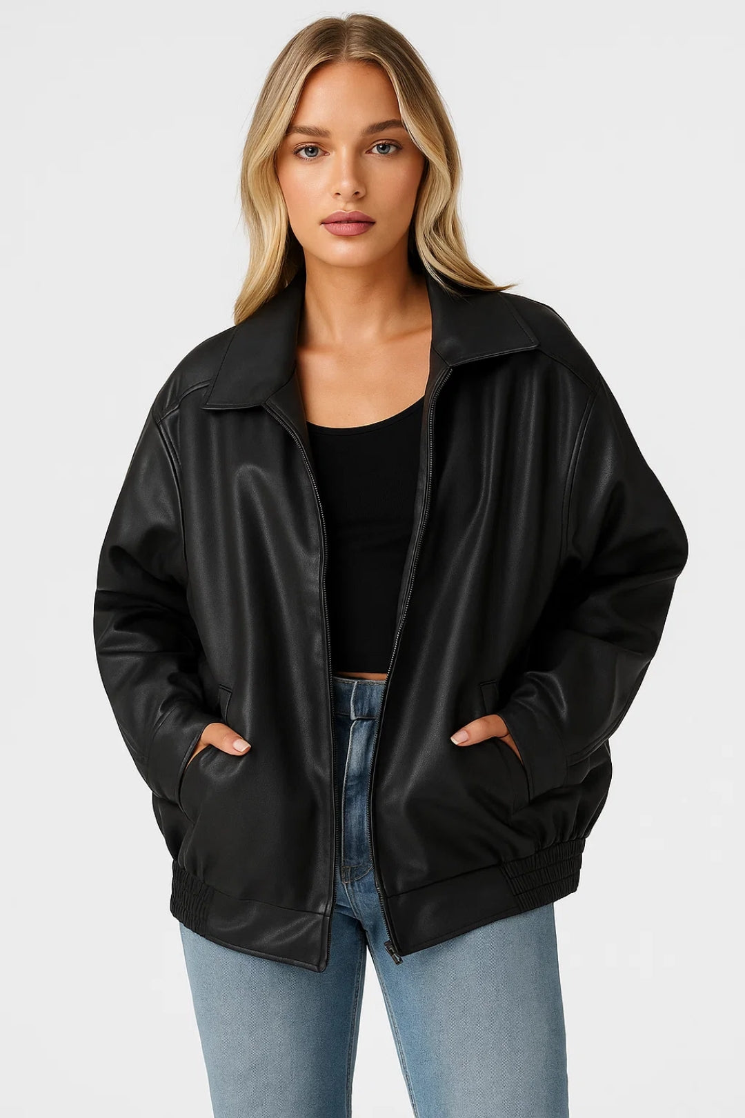Apollonia | Blouson chic bomber oversize zippé en simili cuir pour femme