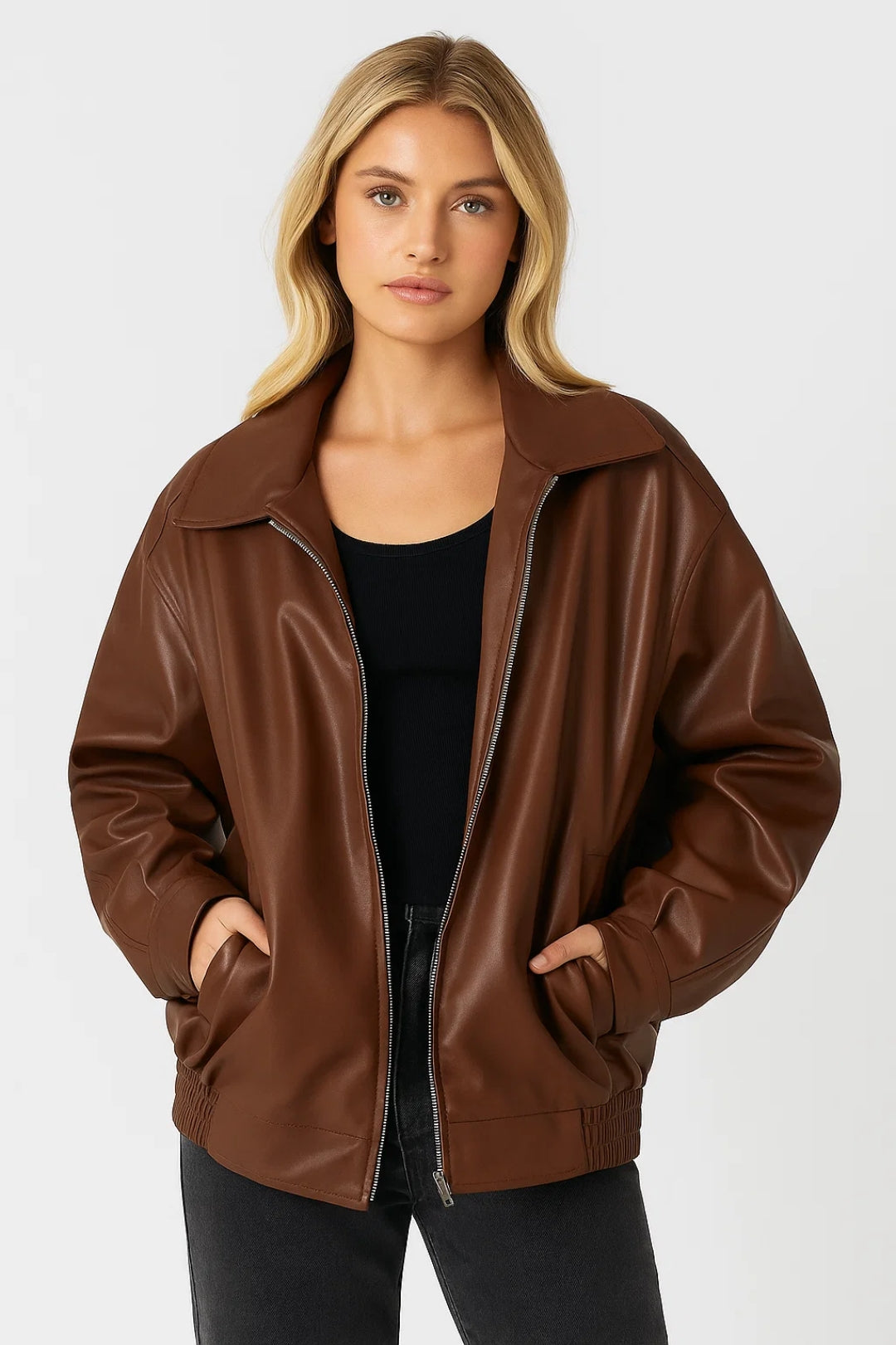 Apollonia | Blouson chic bomber oversize zippé en simili cuir pour femme